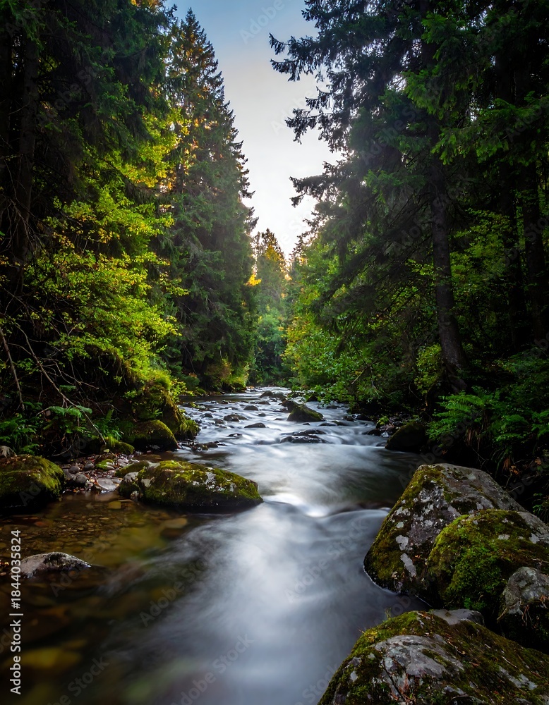 Fototapeta premium Flowing river through lush forest illuminated by sunlight