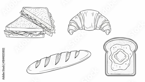Collection of Delicious Baked Goods and Sandwiches Hand Drawn Sketch.