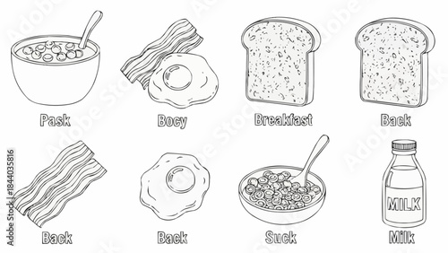 Hand Drawn Breakfast Food Items Collection.