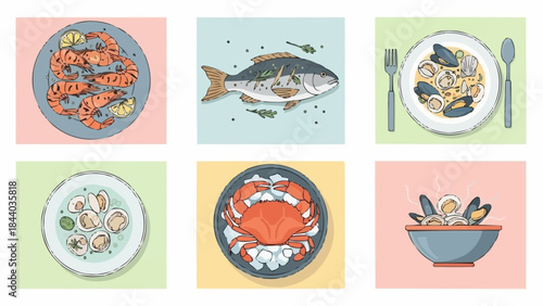 Collection of six delicious seafood dishes and a whole fish illustration.