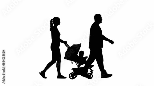 Silhouette of a family walking with a baby stroller.