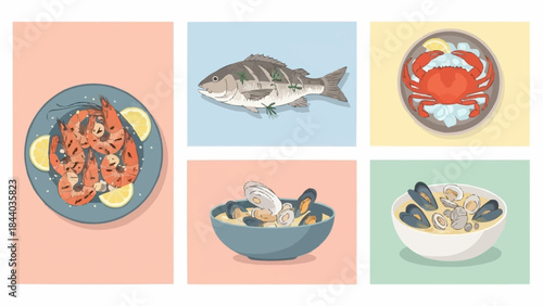 Collection of Delicious Seafood Dishes and Ingredients.