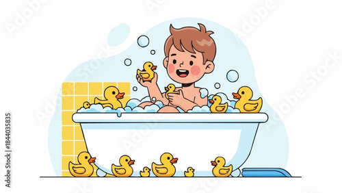 Happy boy playing with rubber ducks in a bubble bath.