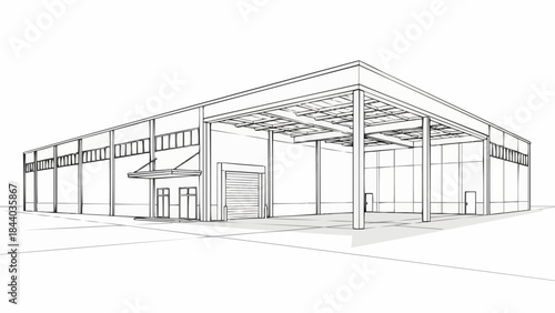 Architectural sketch of a modern industrial warehouse building.