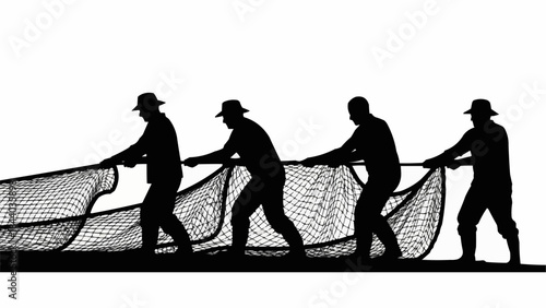 Fishermen pulling a large fishing net silhouette.