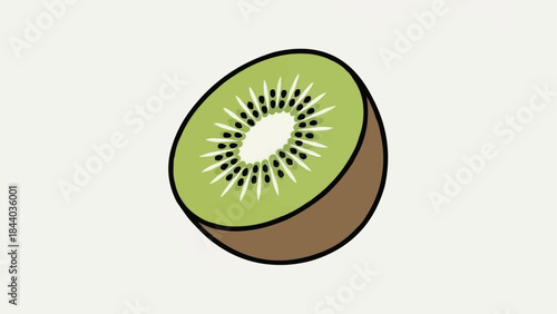A vibrant half kiwi fruit illustration with detailed seeds and green flesh.