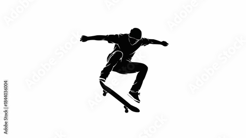 Silhouette of a Skateboarder Performing a Trick Mid-Air.