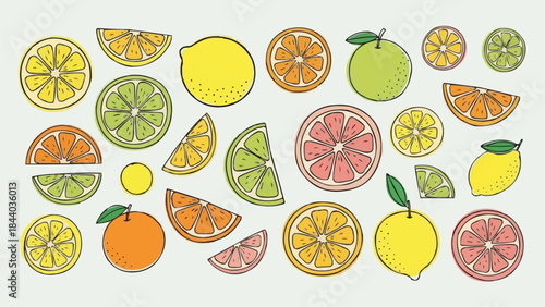 Vibrant Assortment of Fresh Citrus Fruits Hand Drawn Style.