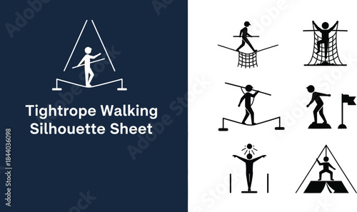 Collection of tightrope walking and balance silhouettes for adventure sports