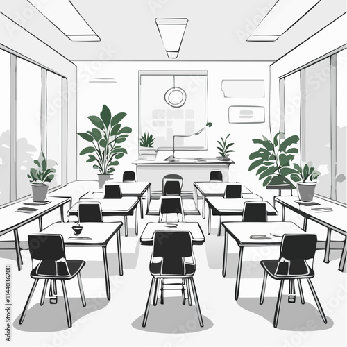 Empty Classroom with Desks and Blackboard - Illustration
