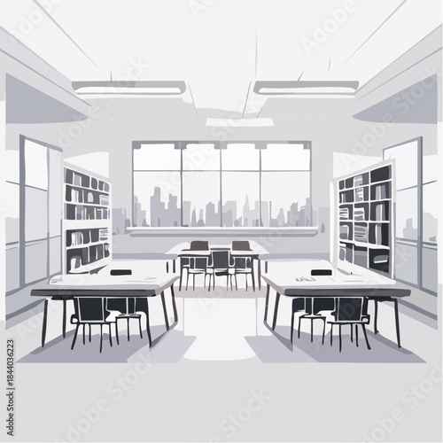 Empty Classroom with Desks and Blackboard - Illustration