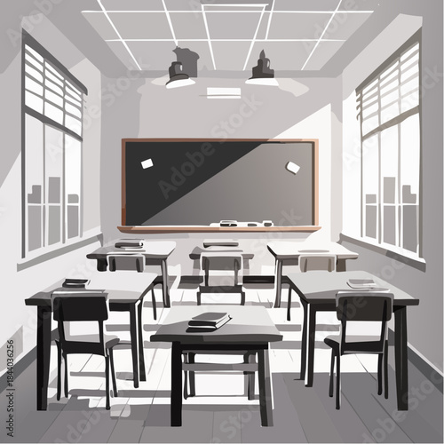Empty Classroom with Desks and Blackboard - Illustration