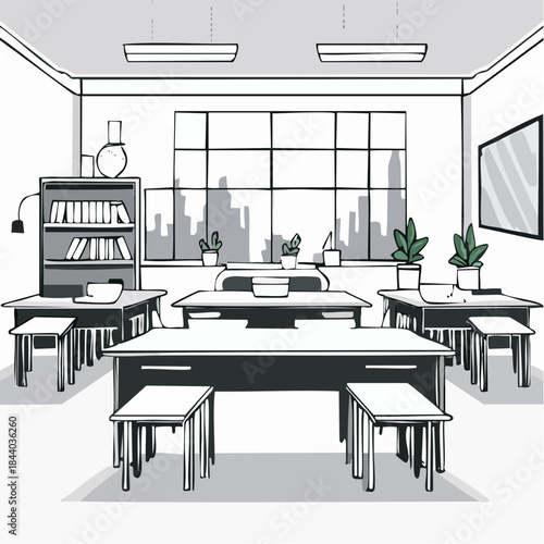 Modern minimalist workspace illustration in an open-plan office setting with city views