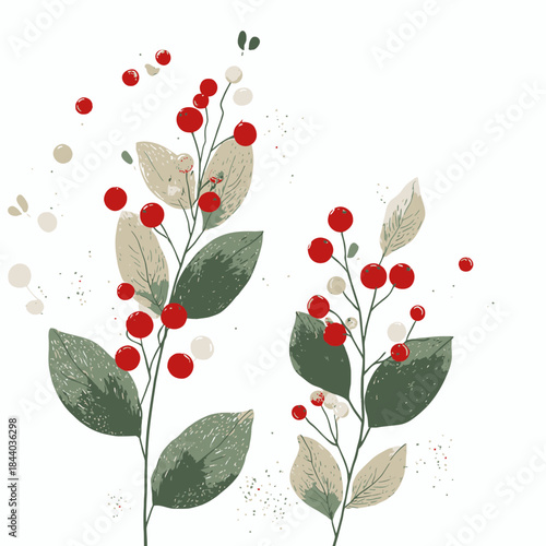 Stylized Botanical Illustration of Red Berries and Green Leaves on Branches, Perfect for Festive Designs
