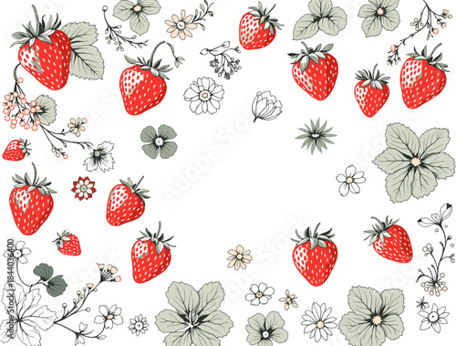 Strawberry and Floral Pattern with Delicate Botanical Illustrations