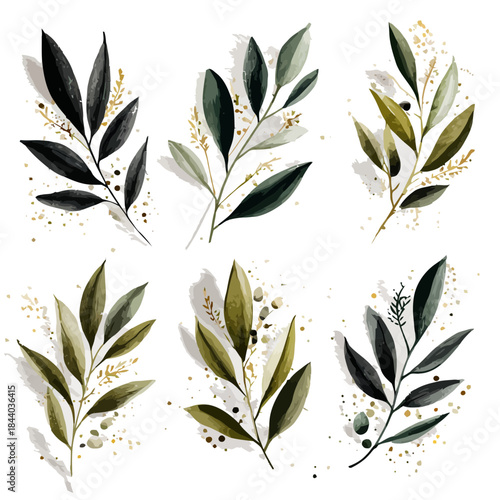 Hand-painted green foliage branches with elegant golden speckles and a natural aesthetic