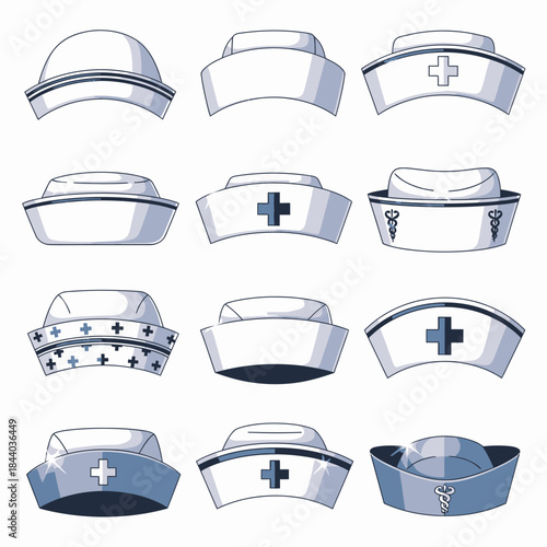 Diverse Collection of Illustrated Nurse Caps and Hats for Healthcare Professionals