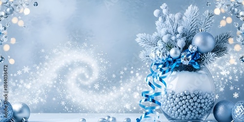 Glittering Silver-Blue Christmas Background with Modern Glass Vase and Blizzard Snow – Magical Winter Wallpaper