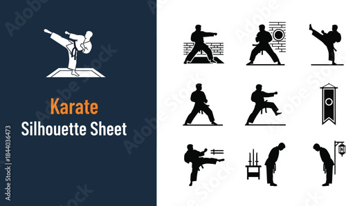 Collection of black silhouettes representing martial arts karate poses and traditions