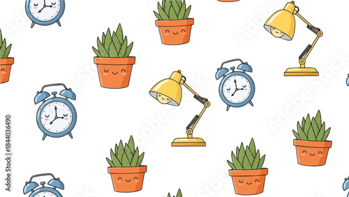 Cheerful Desk Pattern: This image showcases a vibrant repeating pattern filled with charming cartoon elements. Each element adds a touch of playfulness and joy.