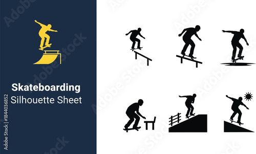 Collection of skateboarding silhouettes showing various tricks and stunts