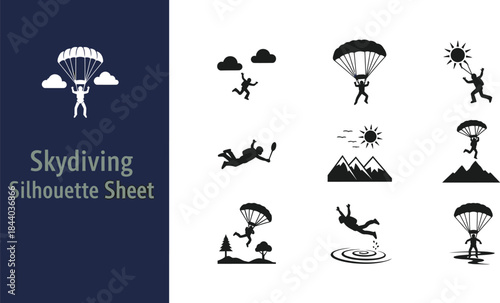 Collection of skydiving and parachuting silhouettes for extreme sports concepts