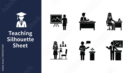 Collection of black silhouettes representing teaching and educational activities