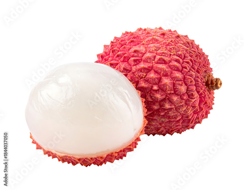 Fresh Lychee Fruit Peeled and Whole Isolated on White.