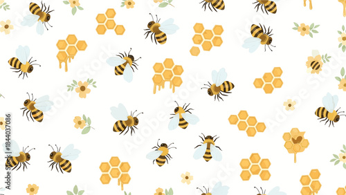 Buzzy Blooms: A cheerful illustration of bees and honeycombs amidst delicate blossoms, creating a seamless pattern.