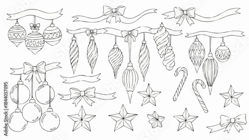 Christmas Ornaments and Decorations Hand Drawn Sketch Collection.