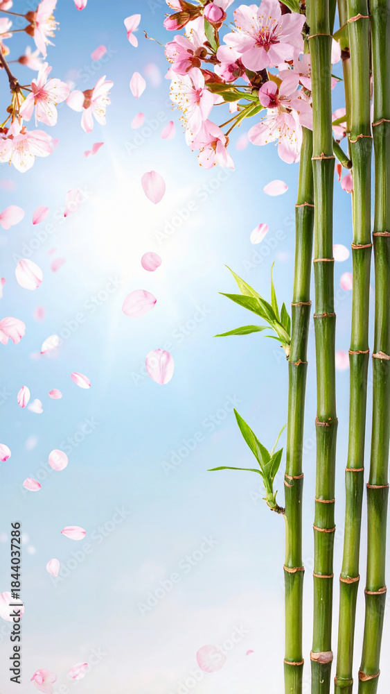 Obraz premium Japanese Spring Background with Cherry Blossoms and Bamboo Falling Sakura Petals and Tranquil Natural Harmony