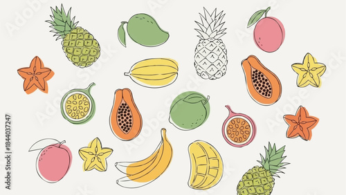 Collection of Tropical Fruits and Star Fruits in a Whimsical Line Art Style.