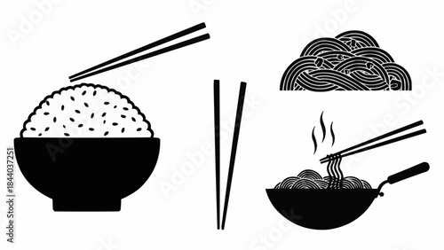 Asian Food Icons Set Rice Noodles and Chopsticks.