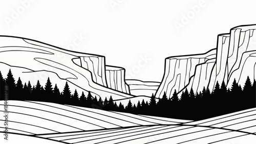 Dramatic Black and White Landscape with Towering Cliffs and Pine Forest.