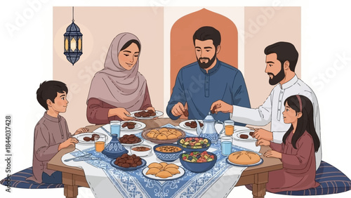 Muslim family enjoying Iftar meal together during Ramadan.