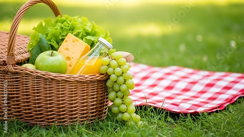 Picnic basket with fresh fruit and cheese on red checkered blanket