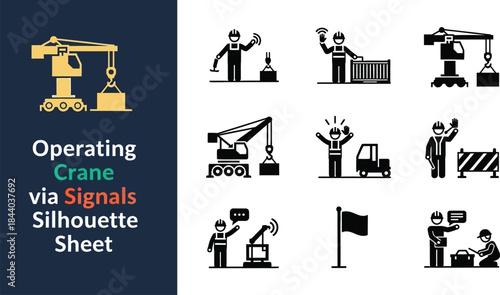 Construction site crane operation safety guide using standard hand signal silhouettes