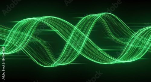 Abstract luminous green waves creating a dynamic flowing energy pattern on a dark background
