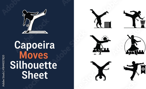 Collection of black and white capoeira martial arts movement silhouettes
