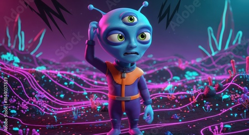 Curious blue alien with three eyes scratching its head on a neon-lit extraterrestrial planet