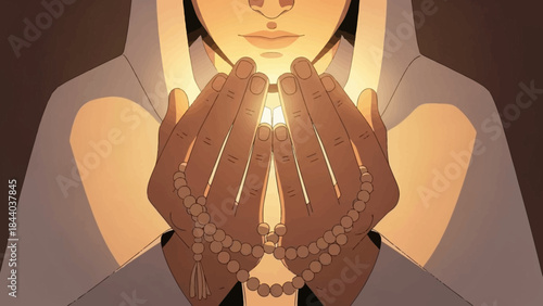 Person praying with rosary beads in hands, glowing light.