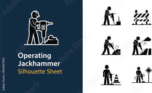 Construction worker silhouettes operating a jackhammer during demolition and roadwork