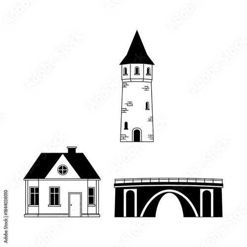 Charming village icons featuring a quaint house, sturdy bridge, and historic tower create a picturesque scene evoking history and community