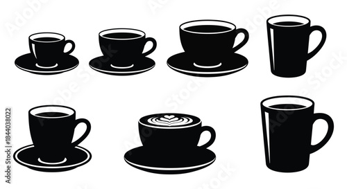 Coffee cup and mug silhouettes showcasing various sizes and latte art designs