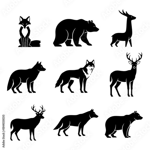 Dynamic collection of majestic wild animals including wolves bears and deer in striking minimalist silhouettes perfect for branding