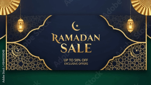 Ramadan Sale banner with golden crescent moon and lanterns, offering exclusive discounts.