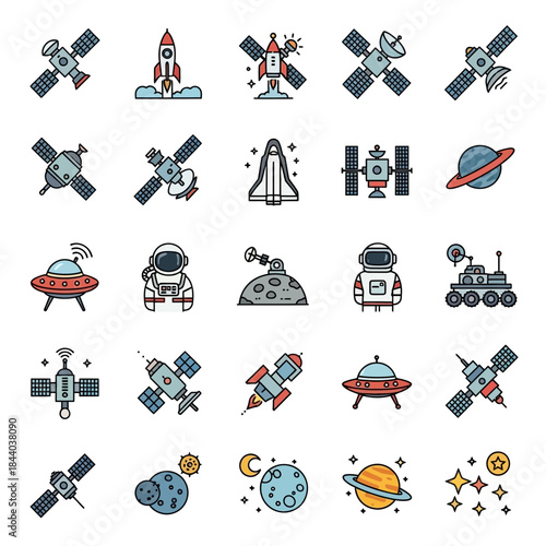 Embark on an interstellar journey with a vibrant collection of space exploration icons featuring rockets, satellites, astronauts, and planets