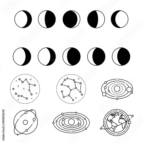 Stunning celestial icons showcasing moon phases, constellations, solar systems, and Earth's orbit for educational and cosmic design projects.
