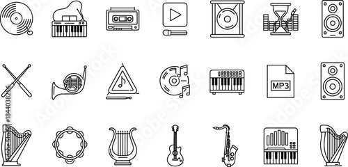 Black and White Music Icon Set Featuring Instruments, Audio Devices, Playback Symbols, and Musical Elements for Creative Design Projects