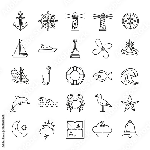 Nautical icons and symbols collection for maritime adventures, sailing, and ocean exploration, perfect for travel and adventure branding
